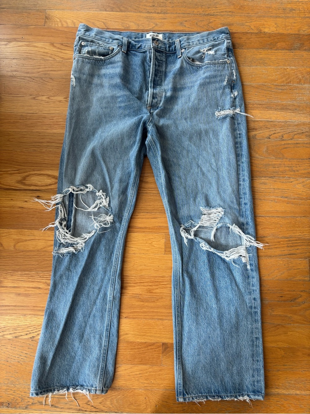 Agolde Distressed Light Wash Ripped Straight-Leg Jeans 90s Mid Rise